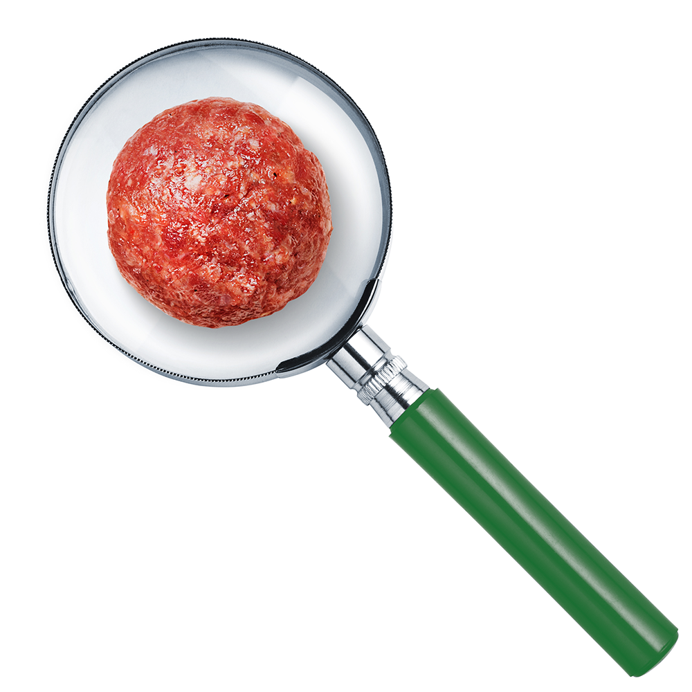 A meatball under a magnifying glass.