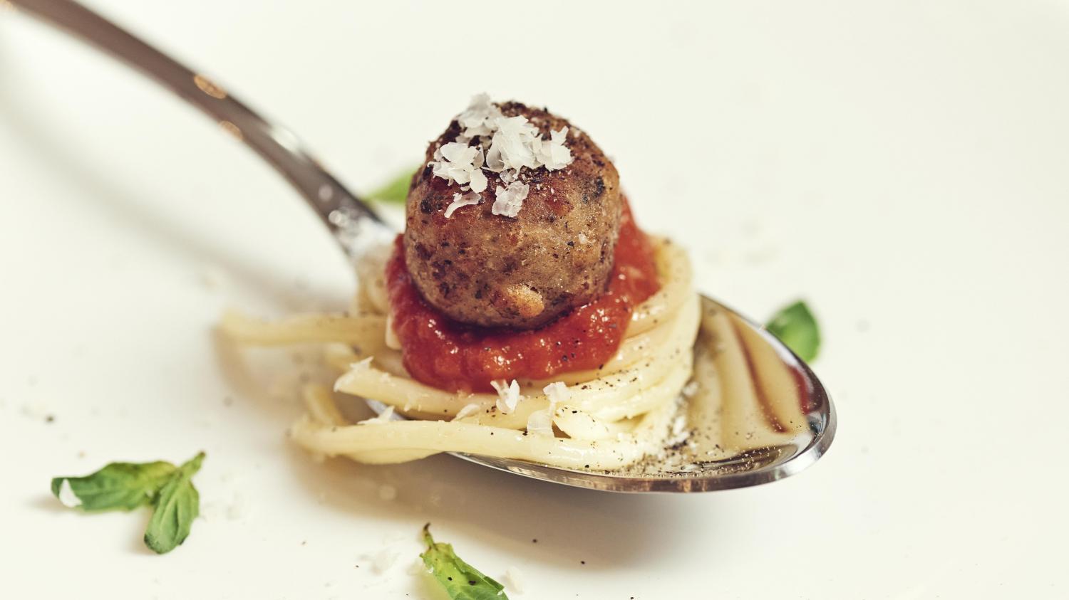 A lab-grown ‘pork’ meatball made by Ivy Farm Technologies